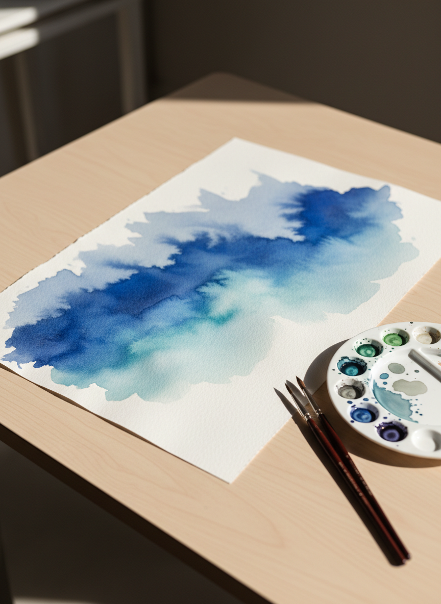 A large sheet of thick, cold-pressed watercolor paper lying flat on a pale wooden studio table, its soft textured surface partially covered by an elegant wash of ultramarine, teal, and soft gray. Beside it, a curated selection of professional watercolor pans gleams in a porcelain palette, beads of pigment mixing delicately. Soft morning light from an unseen window grazes the paper at a shallow angle, revealing subtle ripples and casting refined shadows from fine sable brushes. Photographic realism with a clean, minimalist composition, shot from a slightly elevated angle with shallow depth of field, creating a sophisticated, serene mood that invites viewers to imagine the artwork coming to life.