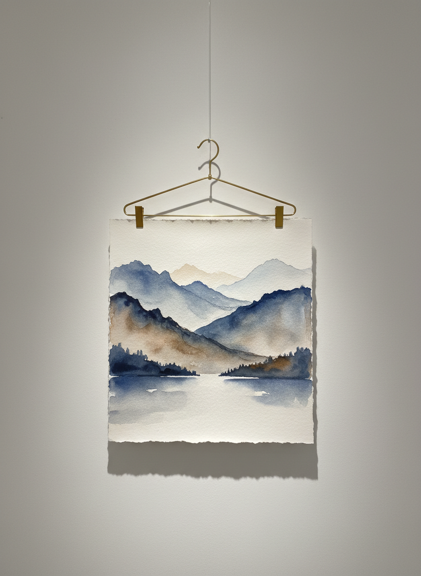 A close-up of a single, luxurious watercolor painting clipped to a slim brass hanger against a matte white gallery wall. The artwork features a refined, semi-abstract landscape of misty mountains and a tranquil lake, in a limited palette of indigo, slate, and soft sepia, with delicate gradients and feathered edges. Subtle track lighting from above casts a focused yet gentle glow, creating understated highlights on the paper’s deckled edges and a faint shadow on the wall. Photographic realism with a clean, modern gallery aesthetic, framed in a centered, eye-level composition that feels calm, contemplative, and sophisticated.