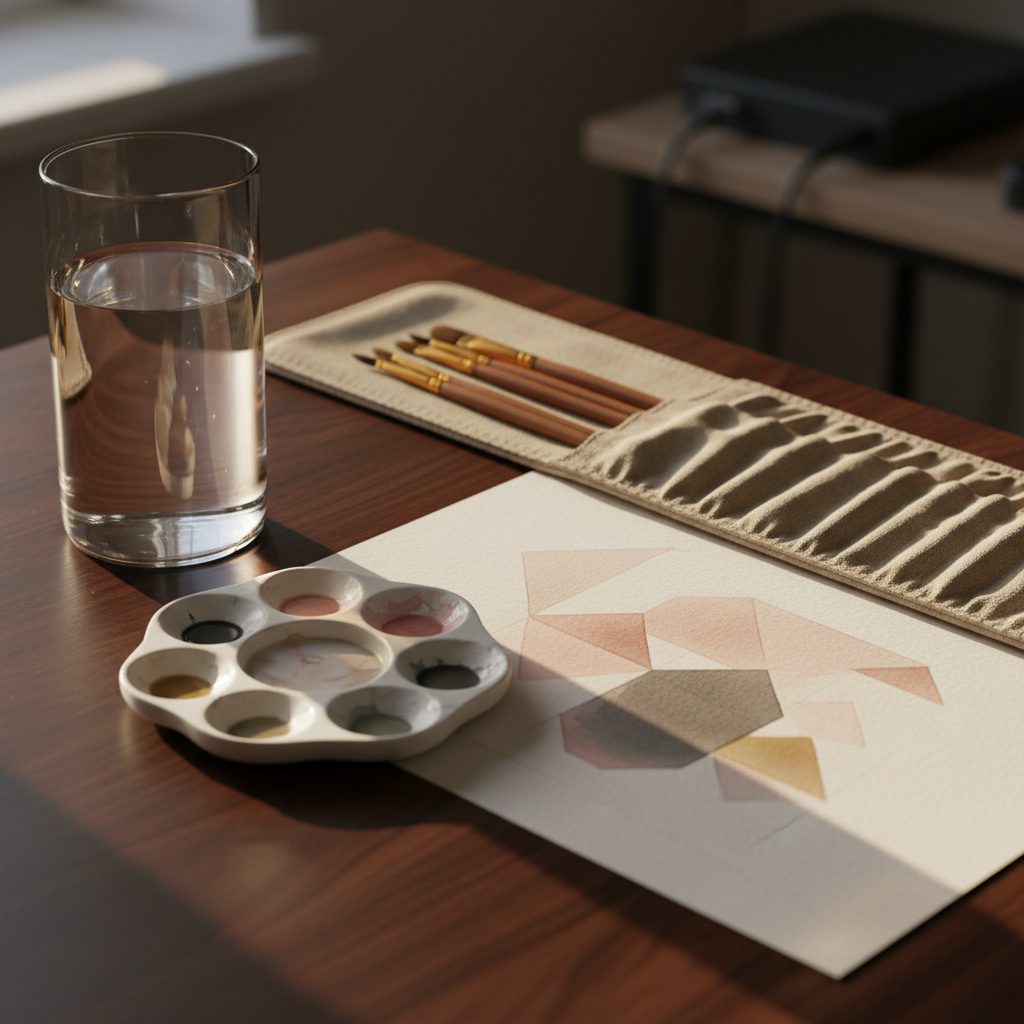 A meticulously organized watercolor workstation on a dark walnut desk: a sleek glass jar of clear water, a row of premium round and flat brushes aligned on a linen brush roll, and a partially painted geometric abstraction in muted blush, charcoal, and gold-ochre tones. A refined ceramic mixing palette holds pools of diluted pigment with delicate gradients. Late-afternoon natural light streams from the left, creating long, elegant shadows and a warm, golden glow that plays across the glossy paint and glass. Shot at a three-quarter angle in photographic realism, with moderate depth of field, the scene conveys a focused, quietly luxurious studio atmosphere.